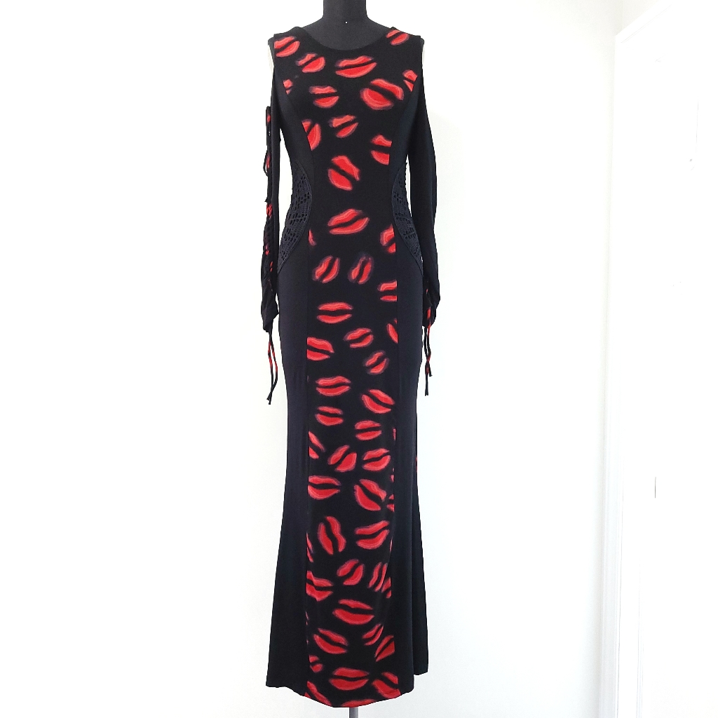 Rare Vintage Rock N Karma Whimsygoth Y2k Lips Crochet Lace Up Maxi Dress